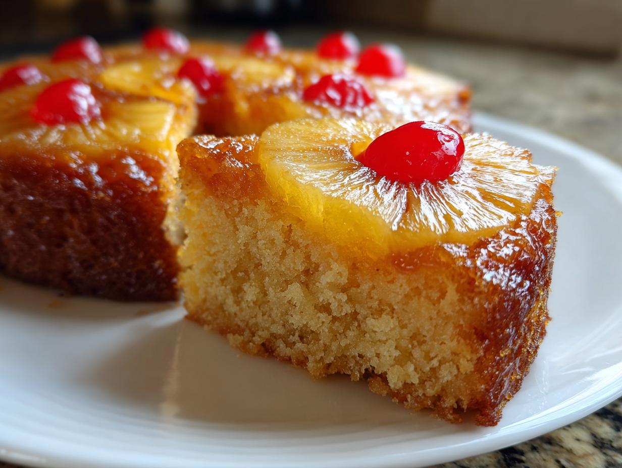 A close-up of a slice of moist pineapple upside down cake topped with a caramelized pineapple ring and a maraschino cherry.