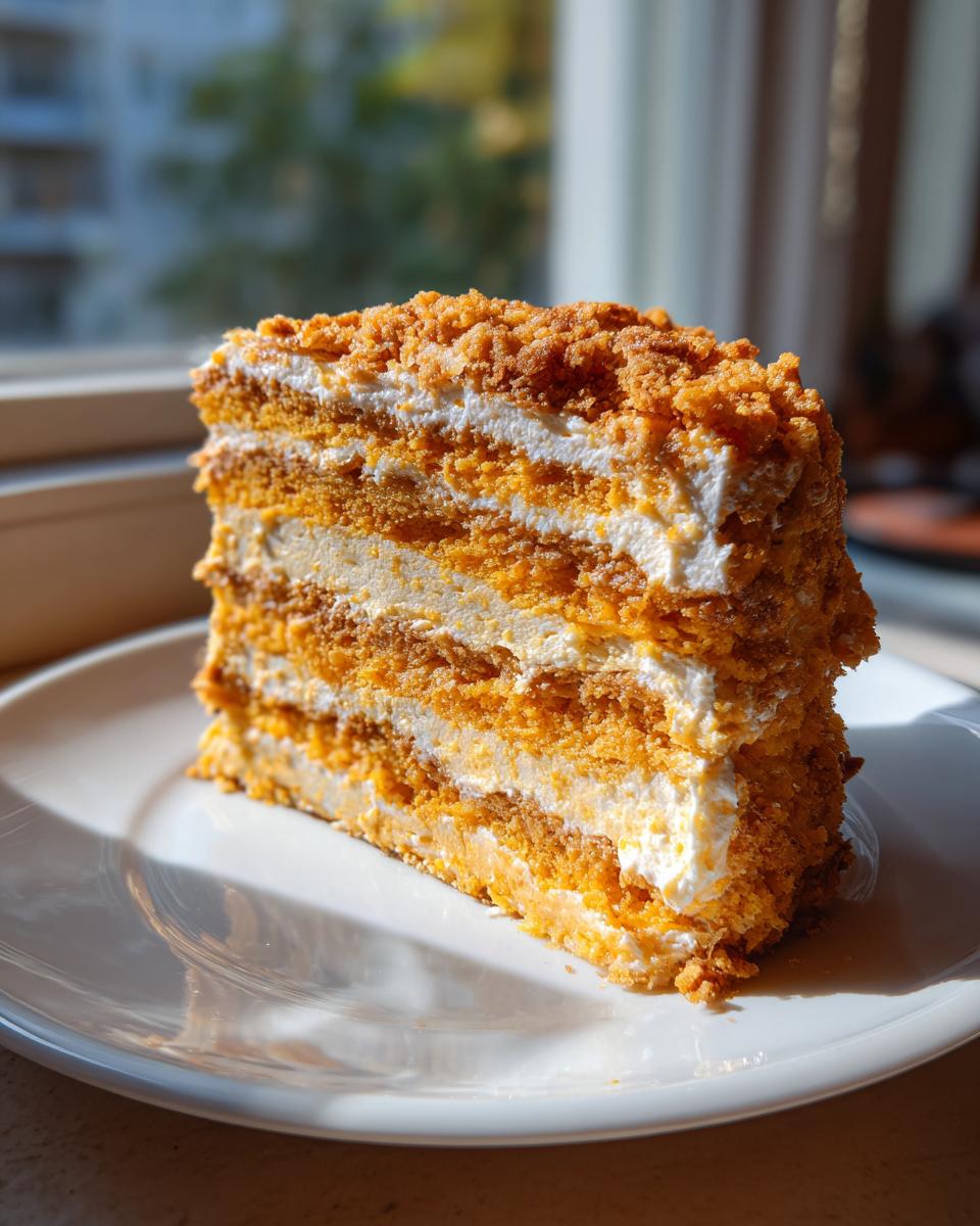 Close-up of a layered slice of pumpkin crunch dessert with orange cake layers and white frosting.