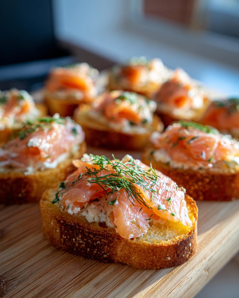 Close-up of freshly made smoked salmon bites on toasted baguette slices, topped with cream cheese and fresh dill.