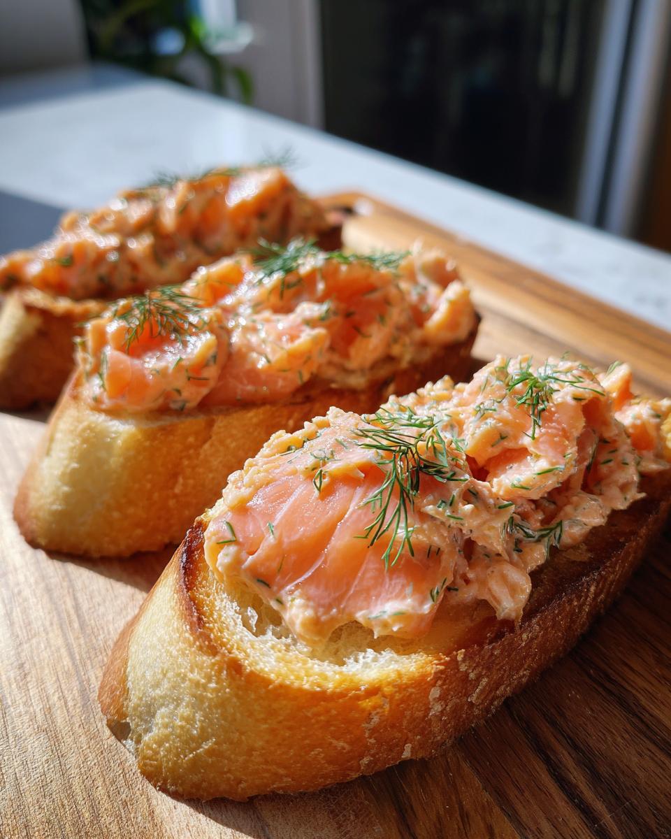 Close-up of three smoked salmon bites on toasted bread, topped with dill.