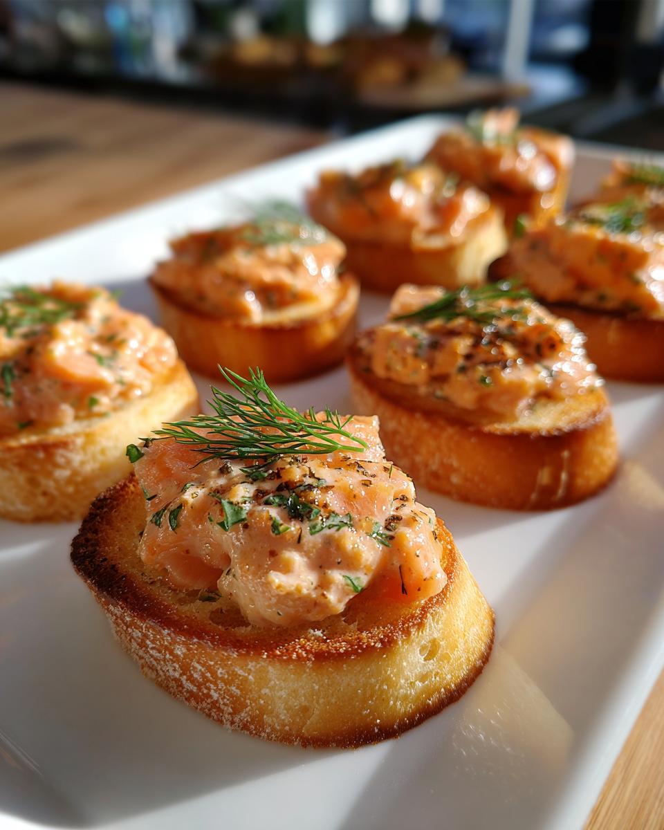Close-up of several smoked salmon bites served on toasted baguette slices, garnished with fresh dill.