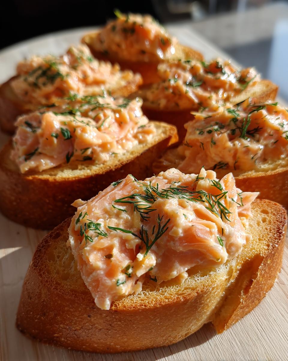 Close-up of delicious smoked salmon bites piled high on toasted baguette slices, garnished with fresh dill.