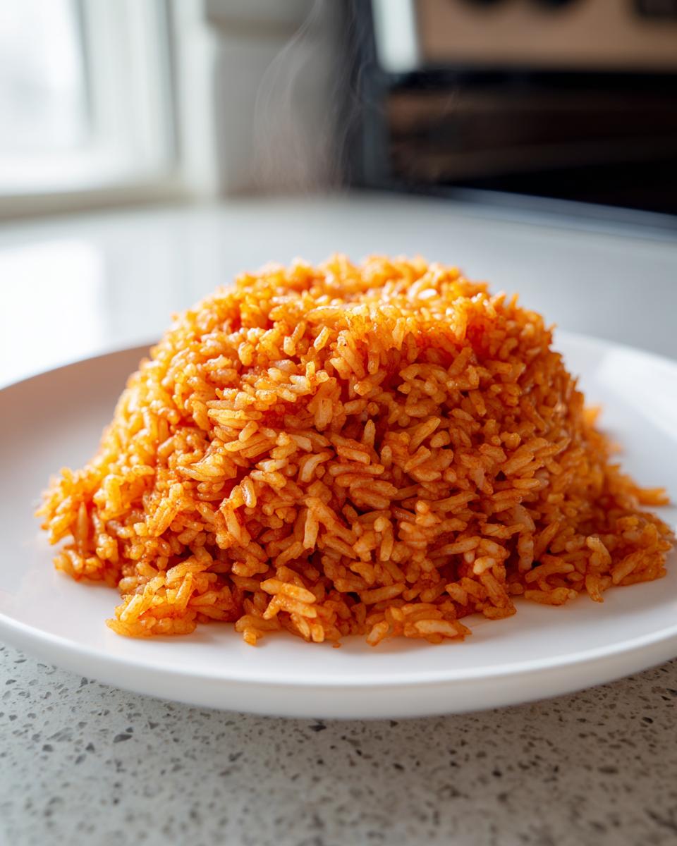A perfectly molded mound of steaming hot, vibrant orange Jollof rice served on a white plate.