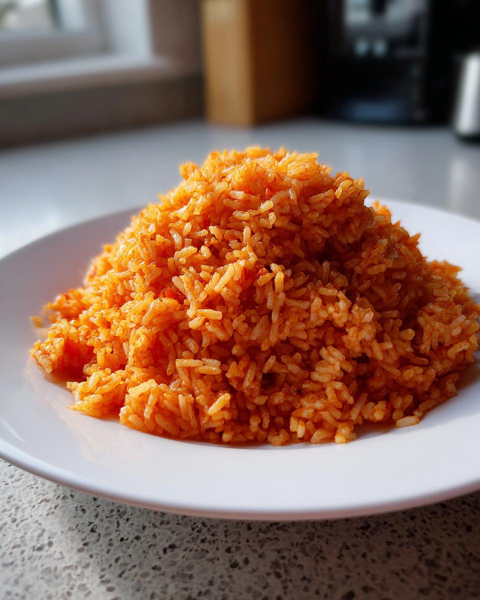 A mound of perfectly cooked, vibrant orange-red jollof rice served on a simple white plate.