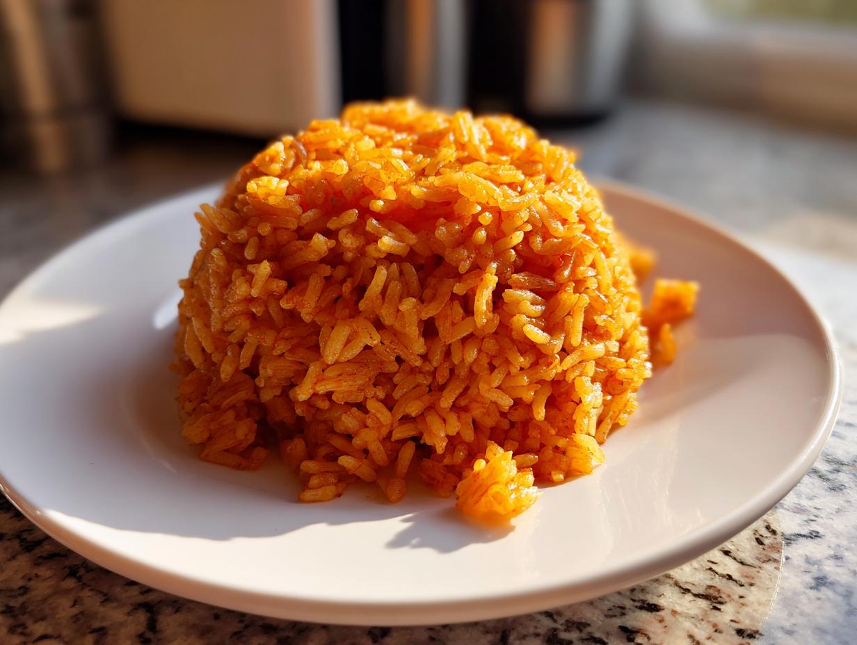A mound of vibrant orange, perfectly cooked jollof rice served on a white plate.