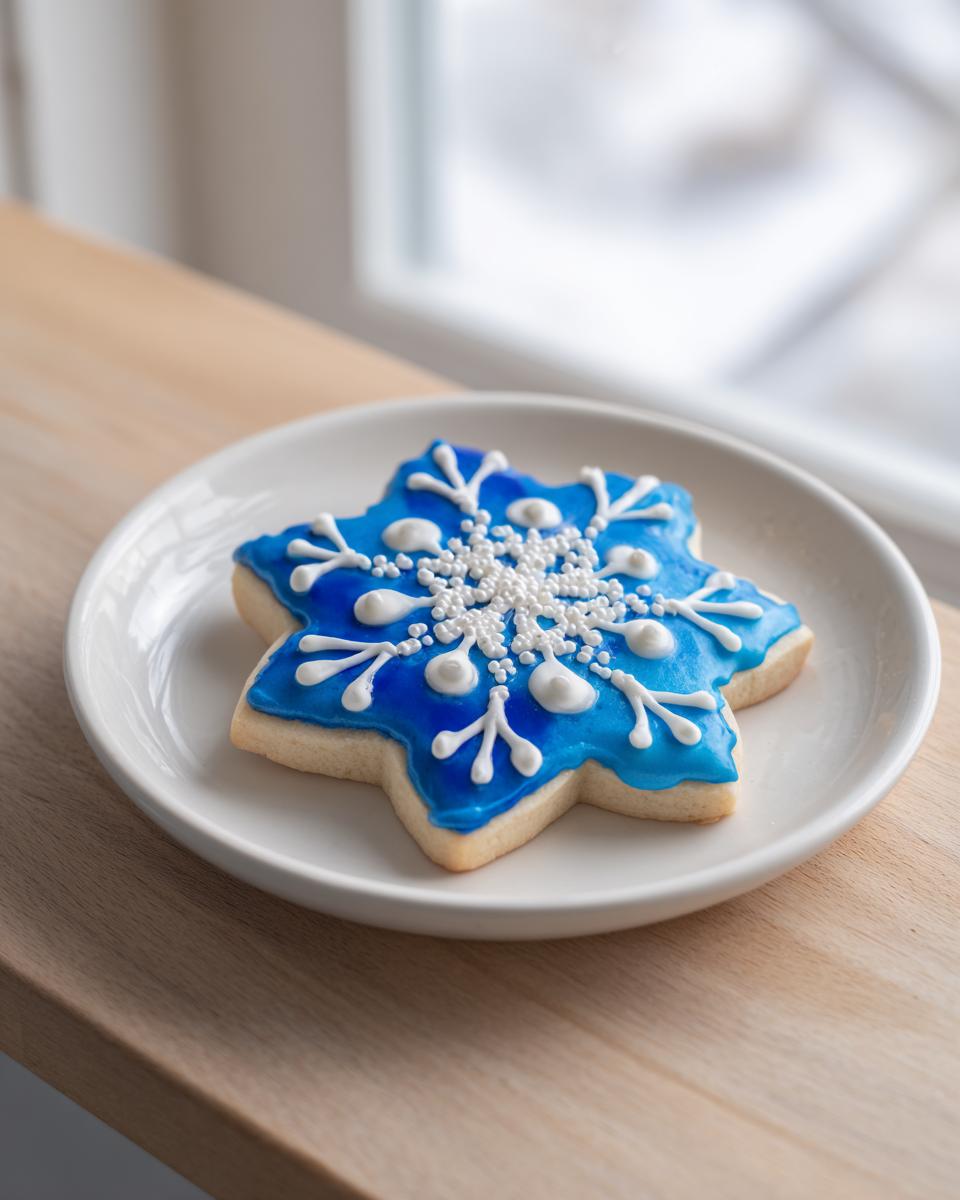 A snowflake-shaped sugar cookie topped with vibrant blue cookie icing and white royal icing details.