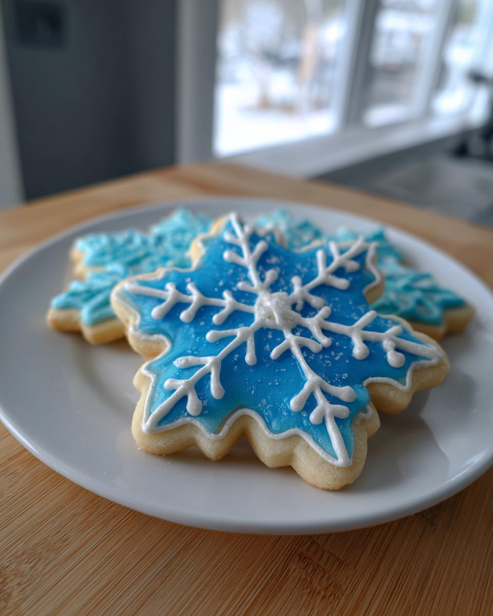 Close-up of snowflake sugar cookies decorated with bright blue and white cookie icing on a white plate.