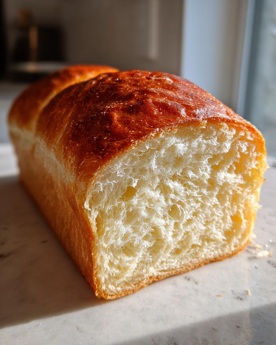 A freshly baked loaf of soft condensed milk bread, showing the golden crust and fluffy white interior crumb.