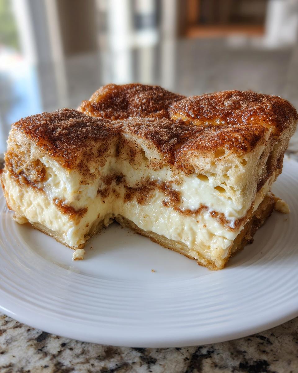 Close-up of a thick slice of sopapilla cheesecake showing creamy filling and cinnamon sugar topping.