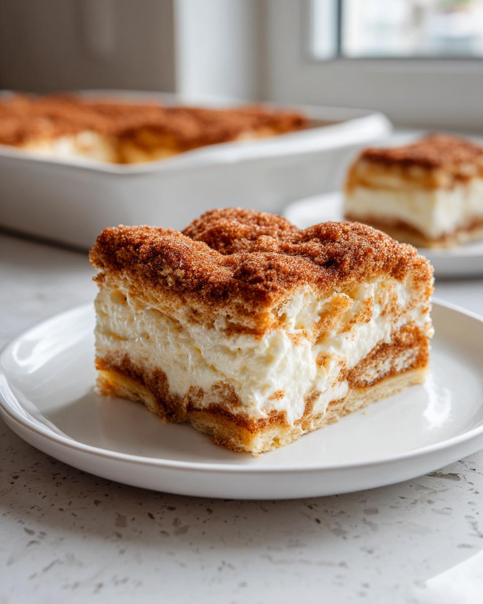 Close-up of a rich slice of sopapilla cheesecake featuring layers of creamy filling and a thick cinnamon-sugar topping.