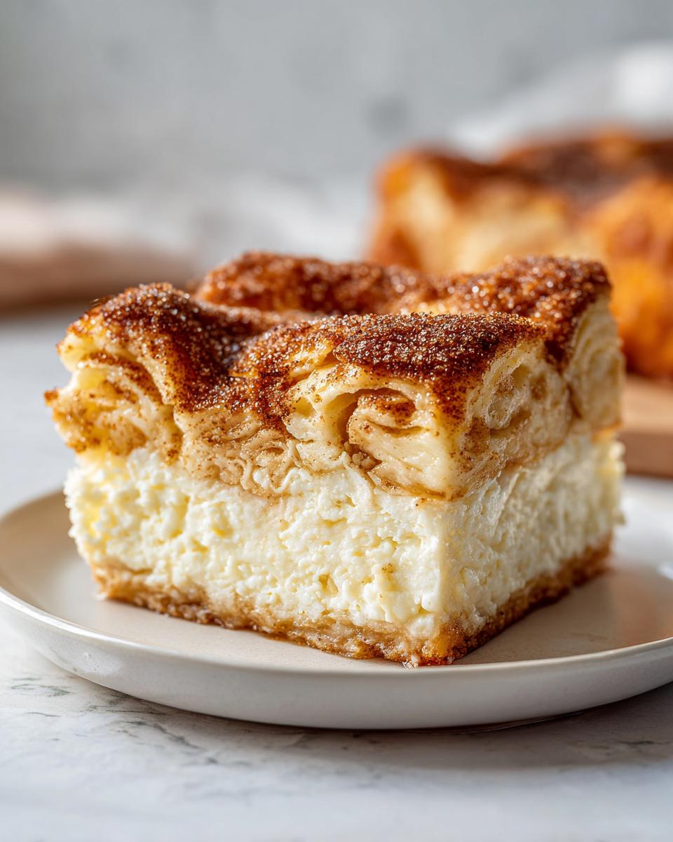 A close-up of a rich slice of sopapilla cheesecake featuring a thick cream cheese layer and a cinnamon sugar crust.