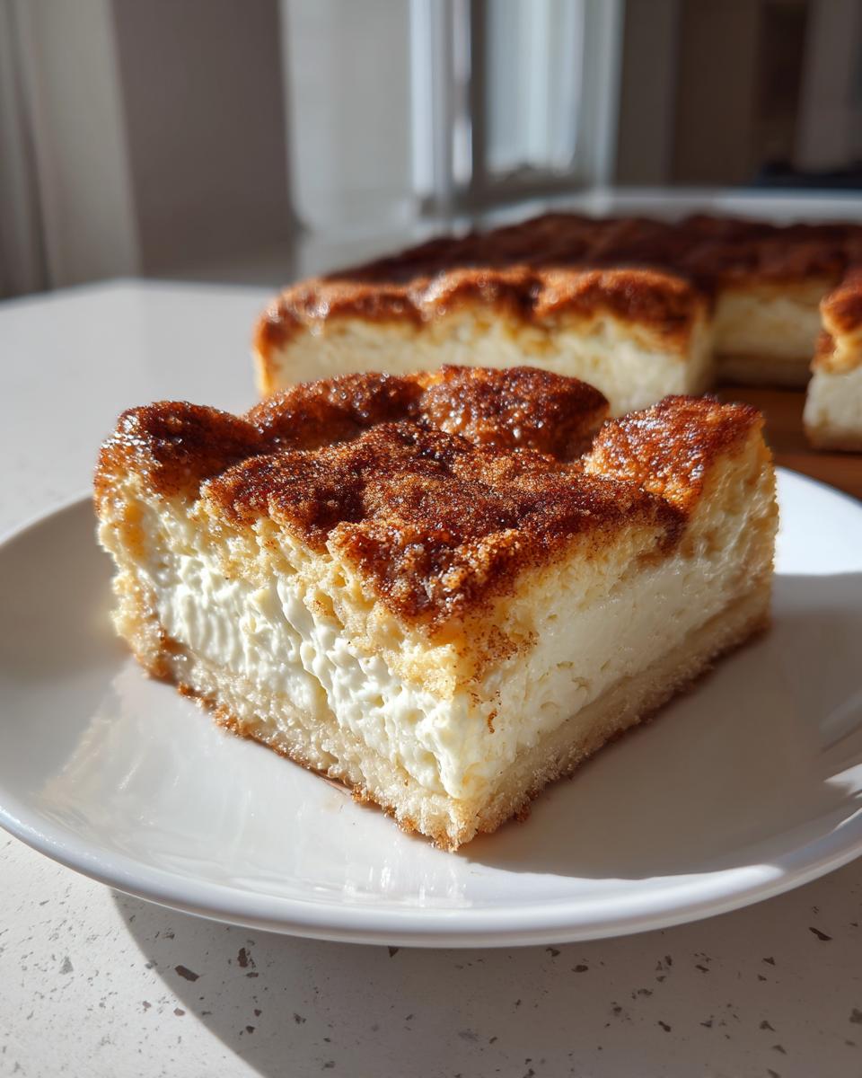 A close-up of a square slice of sopapilla cheesecake on a white plate, showing the thick cream cheese filling and cinnamon sugar crust.