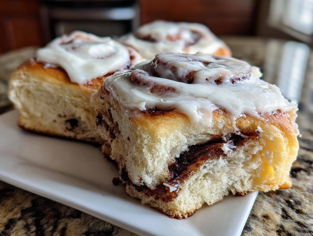 Close-up of two fluffy sourdough discard cinnamon rolls topped with thick white frosting on a white plate.
