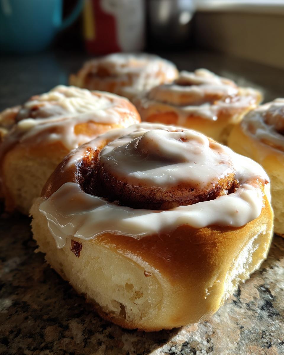 Close-up of several freshly baked sourdough discard cinnamon rolls topped with thick white icing, sitting on a granite counter.