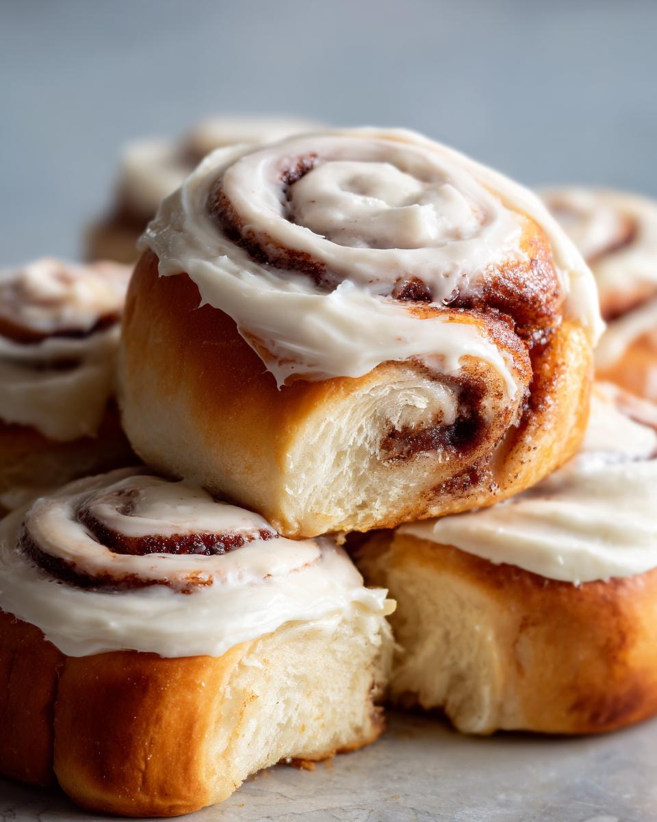 Close-up of stacked, freshly baked sourdough discard cinnamon rolls topped generously with white cream cheese frosting.