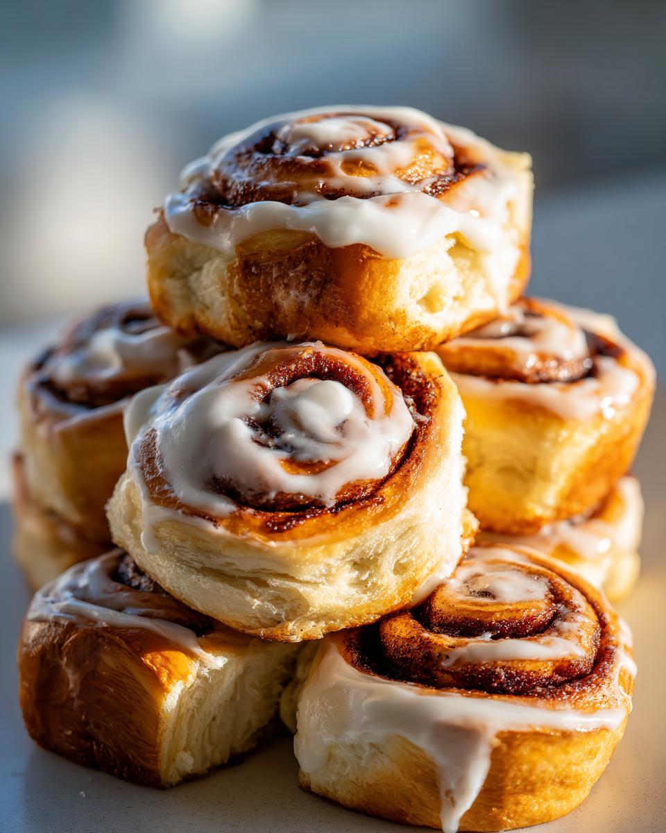 A tempting stack of freshly baked sourdough discard cinnamon rolls generously topped with white icing.