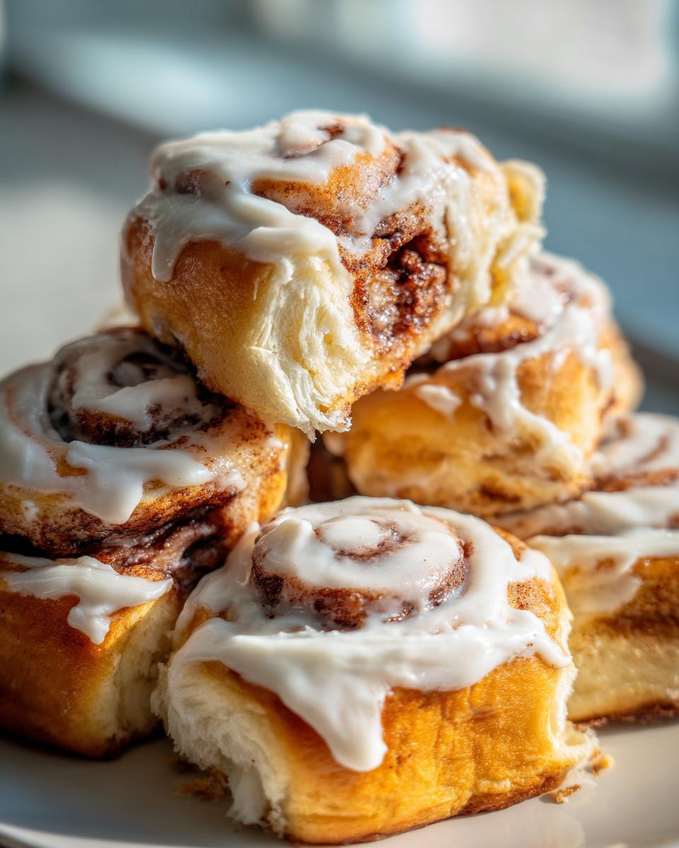 Close-up of a stack of fluffy sourdough discard cinnamon rolls generously topped with white cream cheese icing.