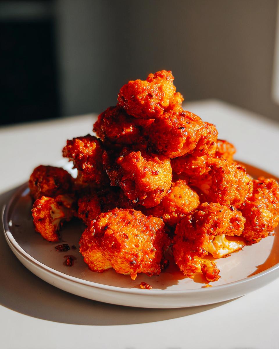 A mound of bright orange, saucy buffalo cauliflower bites stacked high on a light gray plate.
