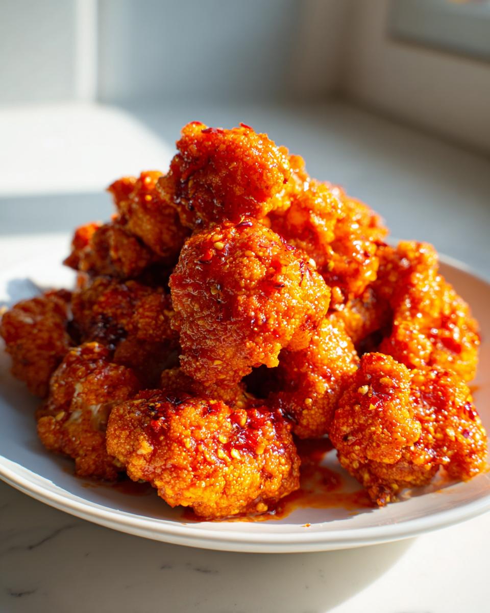 A close-up, bright photo of a pile of crispy, bright orange buffalo cauliflower bites coated in spicy sauce.