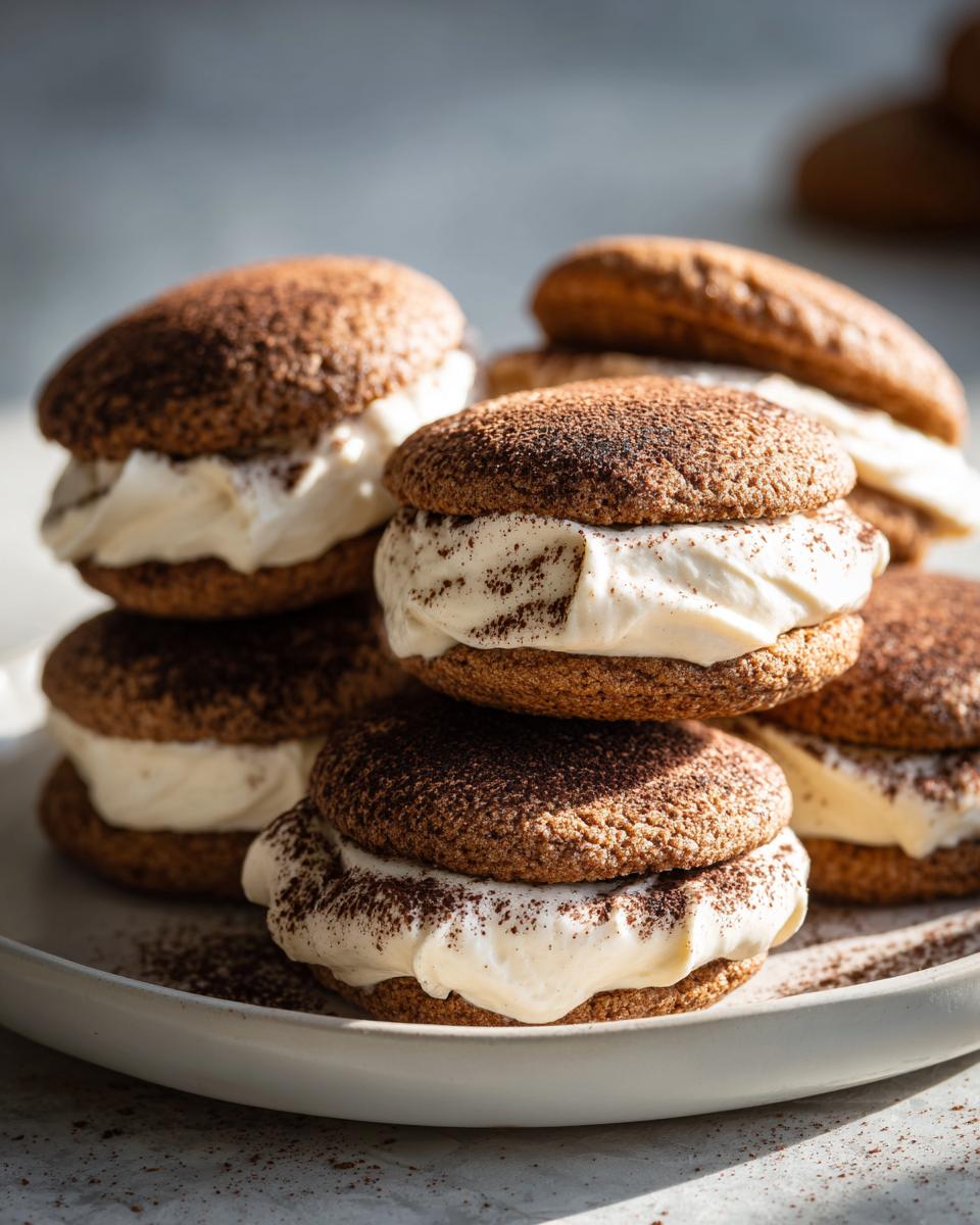 A stack of rich, cocoa-dusted tiramisu cookies filled with thick, creamy mascarpone filling.