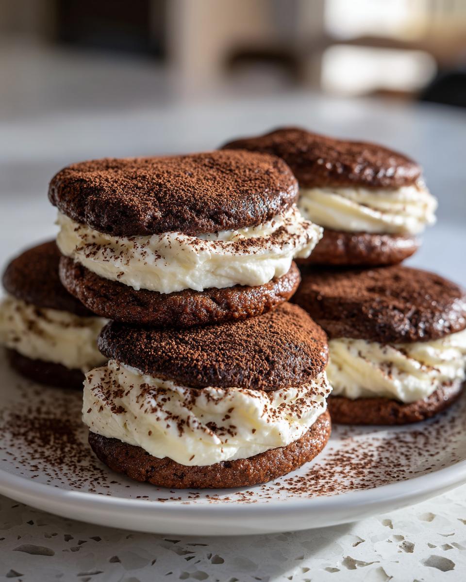 Close-up of stacked chocolate tiramisu cookies filled with white cream and dusted generously with cocoa powder.