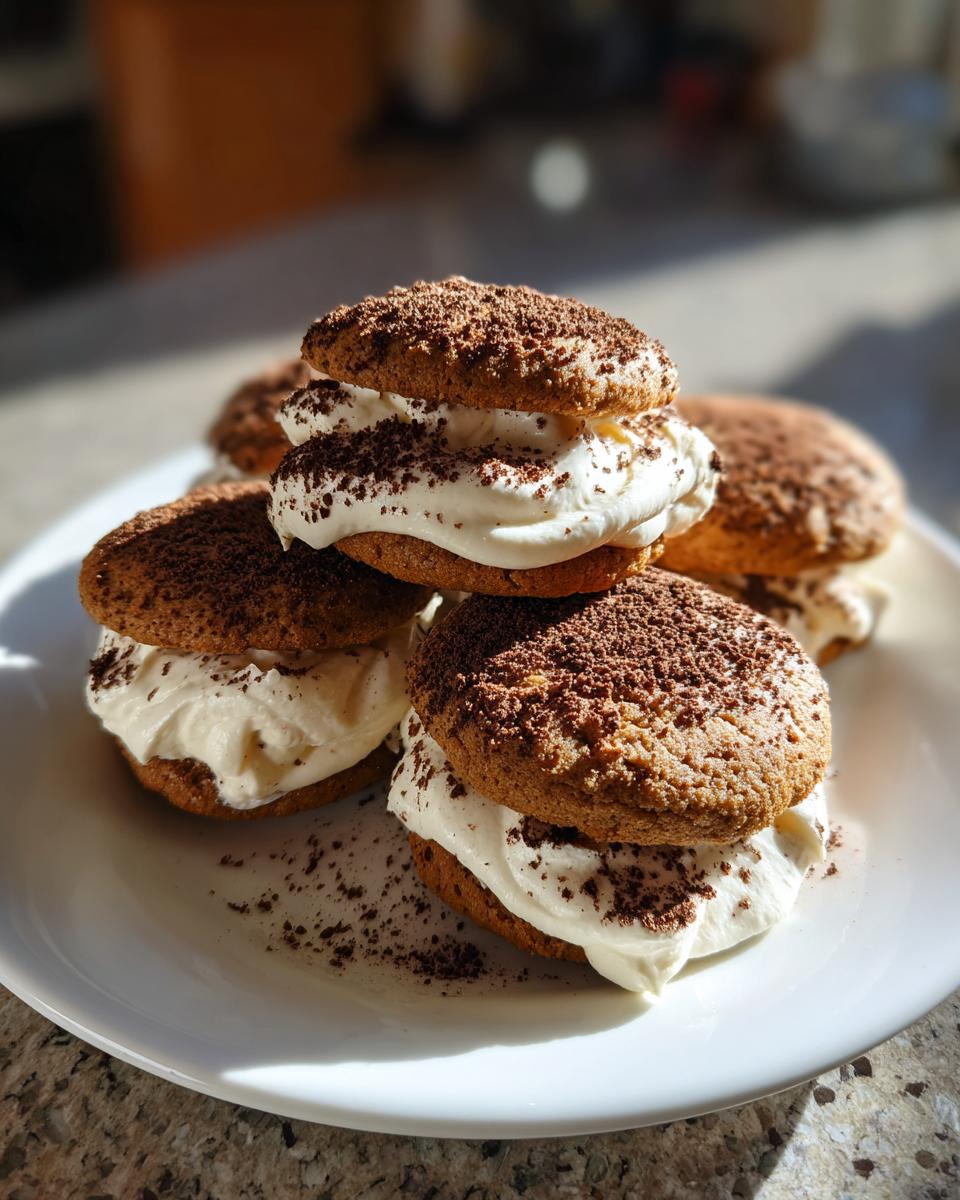 A stack of homemade tiramisu cookies filled with thick white cream and dusted generously with cocoa powder.