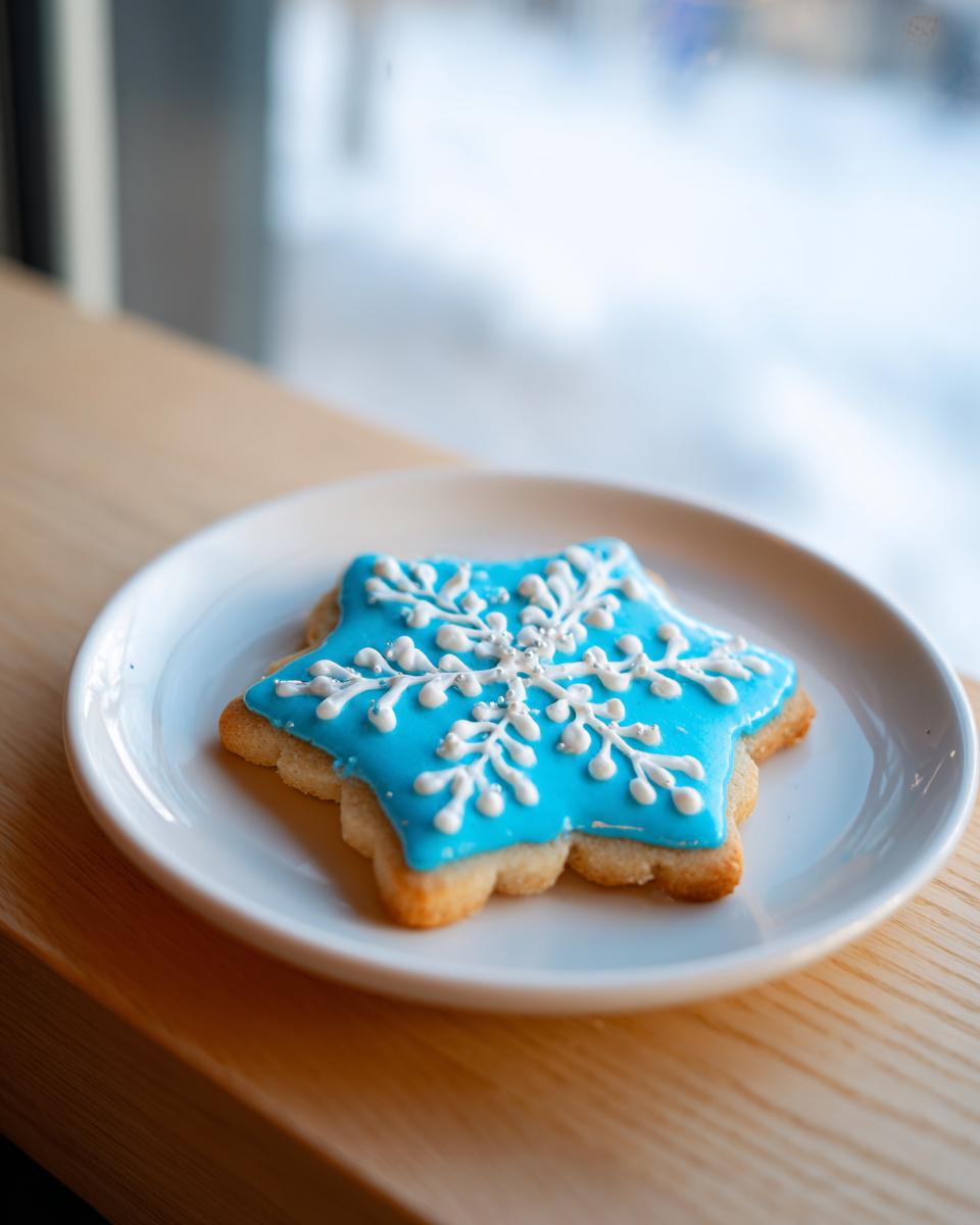A star-shaped sugar cookie topped with bright blue cookie icing and white snowflake details.