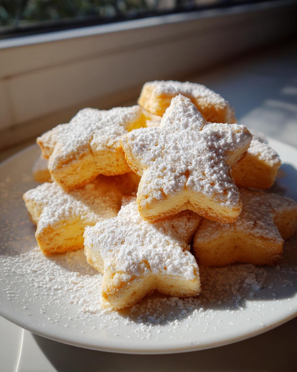 A pile of star-shaped italian butter cookies dusted heavily with powdered sugar on a white plate.