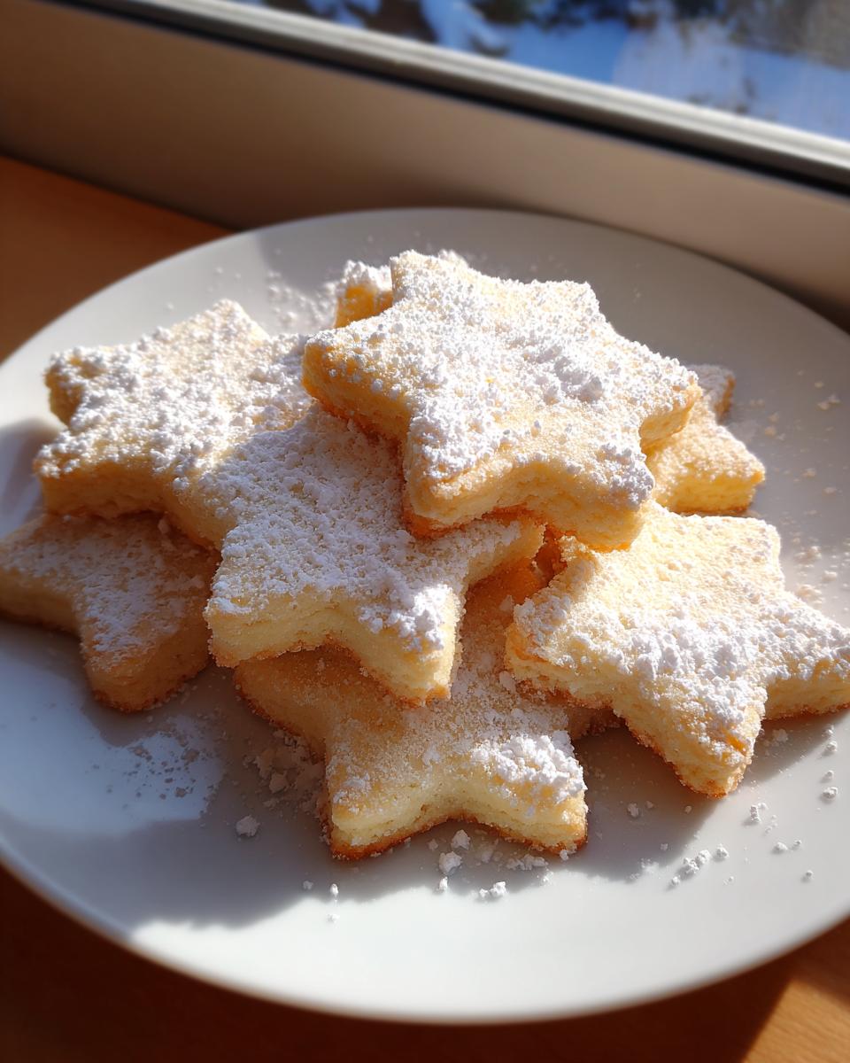 A pile of star-shaped italian butter cookies generously dusted with white powdered sugar on a white plate.