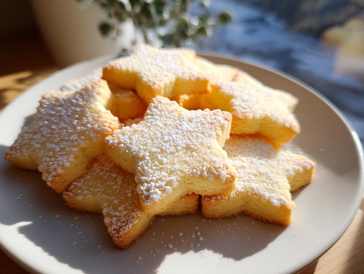 A plate piled high with golden, star-shaped italian butter cookies dusted generously with powdered sugar.