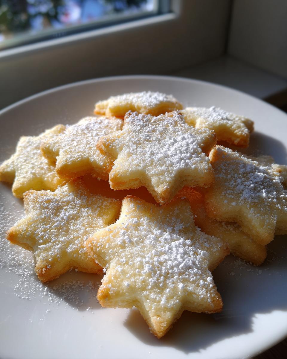 A pile of golden, star-shaped italian butter cookies generously dusted with white powdered sugar on a white plate.