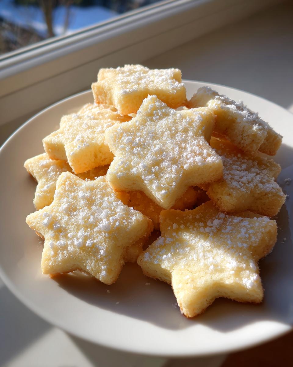 A pile of star-shaped italian butter cookies dusted with powdered sugar resting on a white plate near a window.