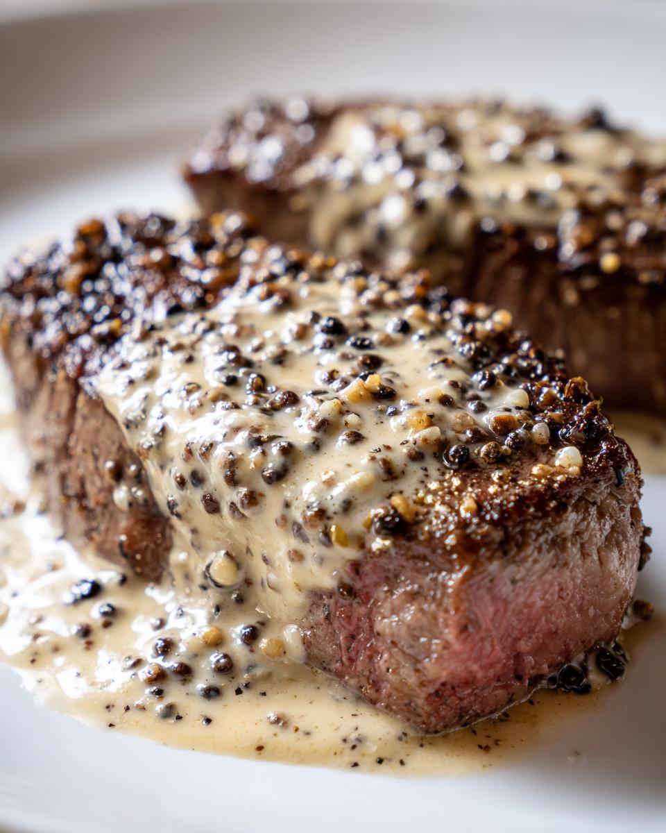 Close-up of a perfectly cooked steak generously topped with rich, creamy peppercorn sauce.