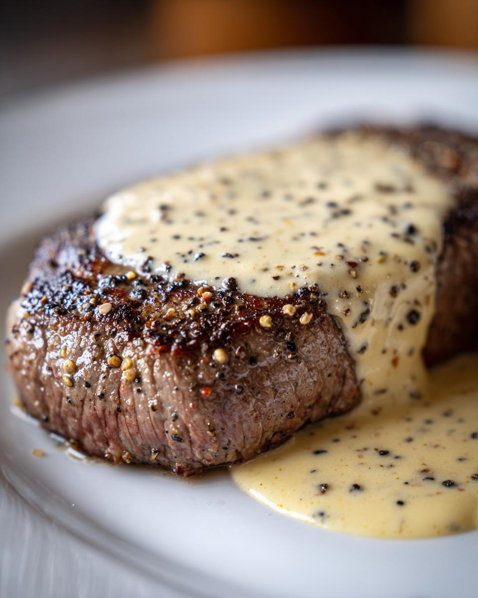 Close-up of a perfectly cooked steak generously topped with creamy peppercorn sauce.