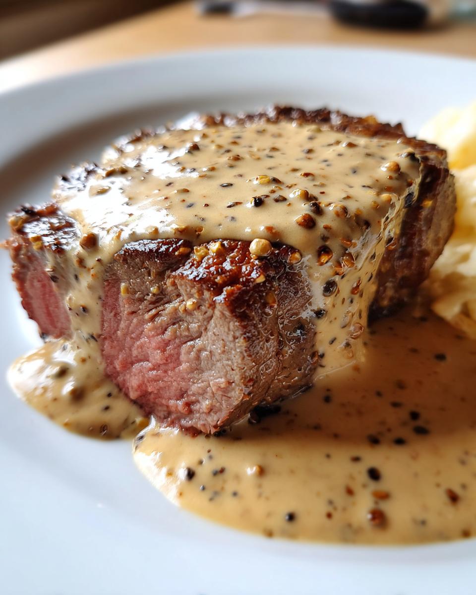 Close-up of a medium-rare steak generously topped with rich, creamy peppercorn sauce.
