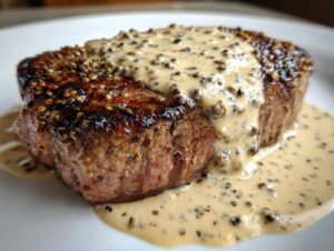 Close-up of a perfectly seared steak generously topped with creamy peppercorn sauce.