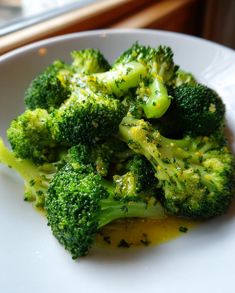 Bright green, perfectly steamed broccoli florets drizzled with a lemon-herb butter sauce in a white bowl.
