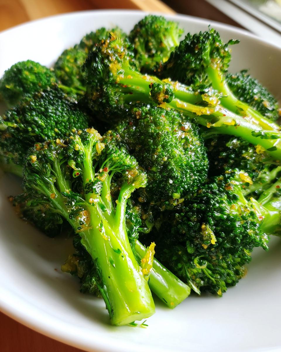 Close-up of bright green steamed broccoli florets seasoned with spices, served in a white bowl.