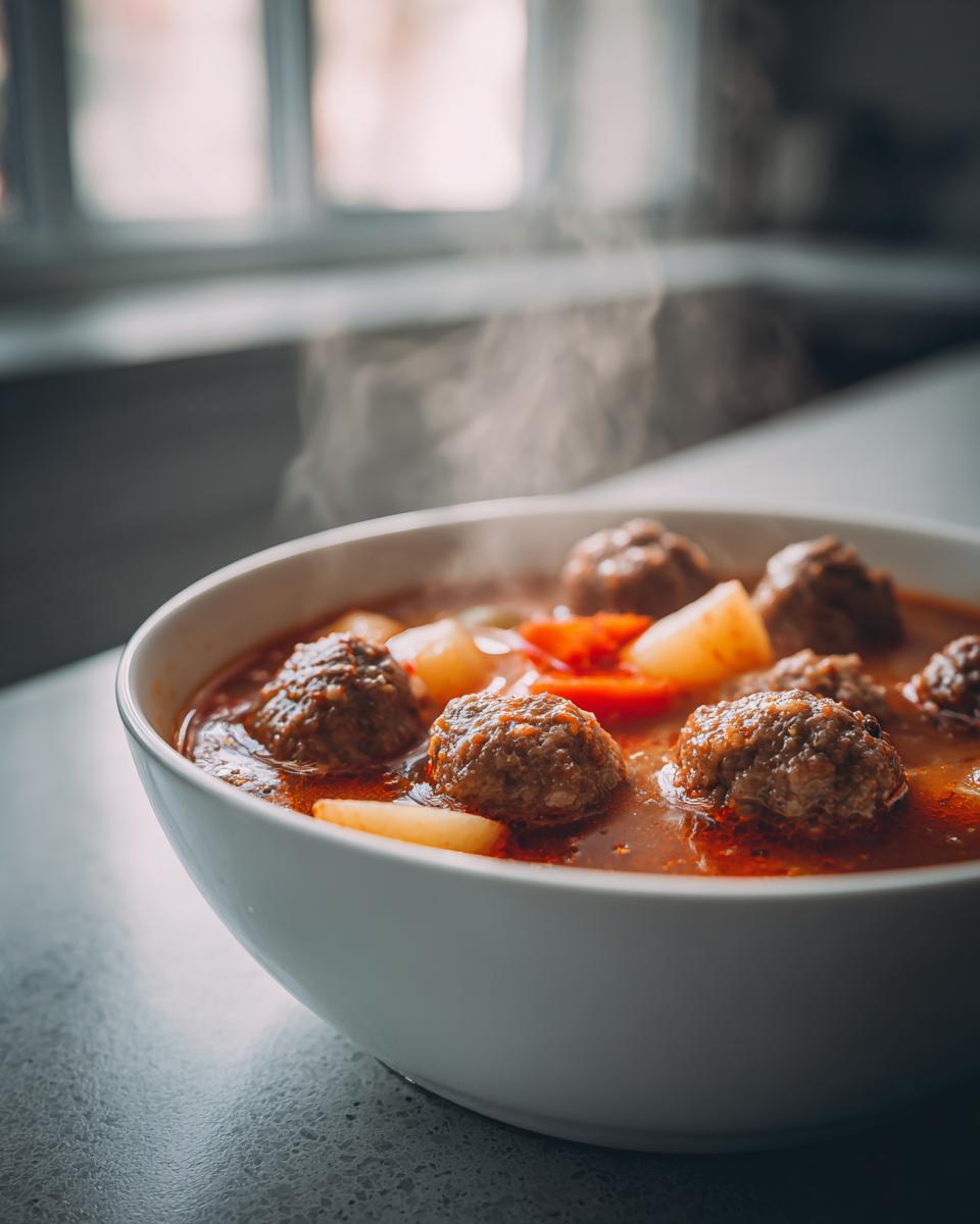 Close-up of a steaming white bowl filled with rich, red albondigas soup featuring meatballs and chunks of potato.