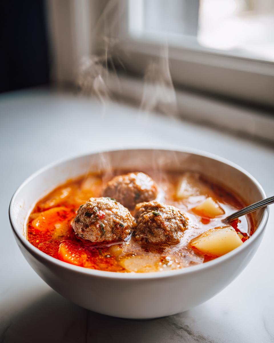 Close-up of a steaming white bowl filled with hot albondigas soup, featuring large seasoned meatballs and chunks of potato.