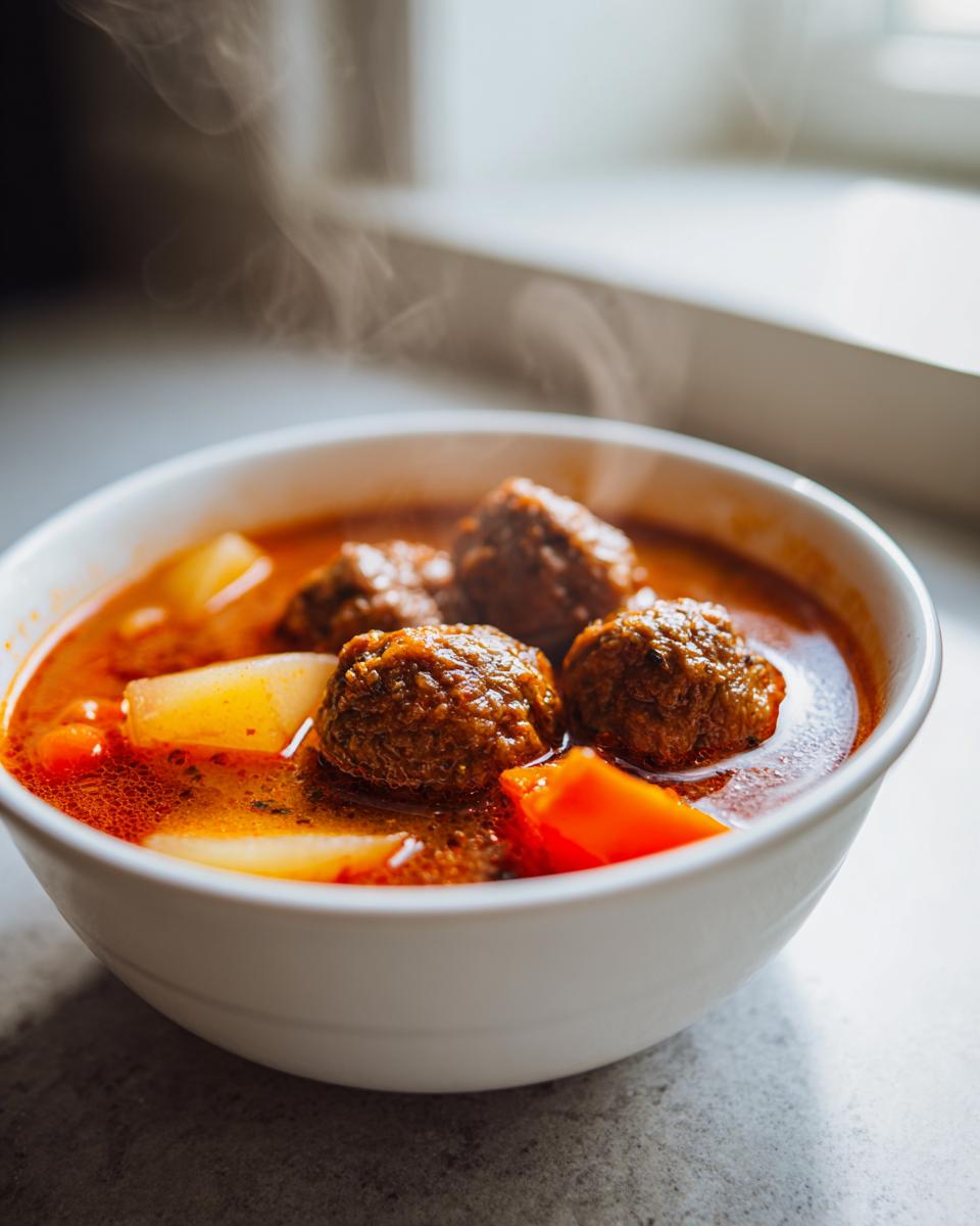 Close-up of a white bowl filled with hot, steaming albondigas soup featuring meatballs and vegetables.