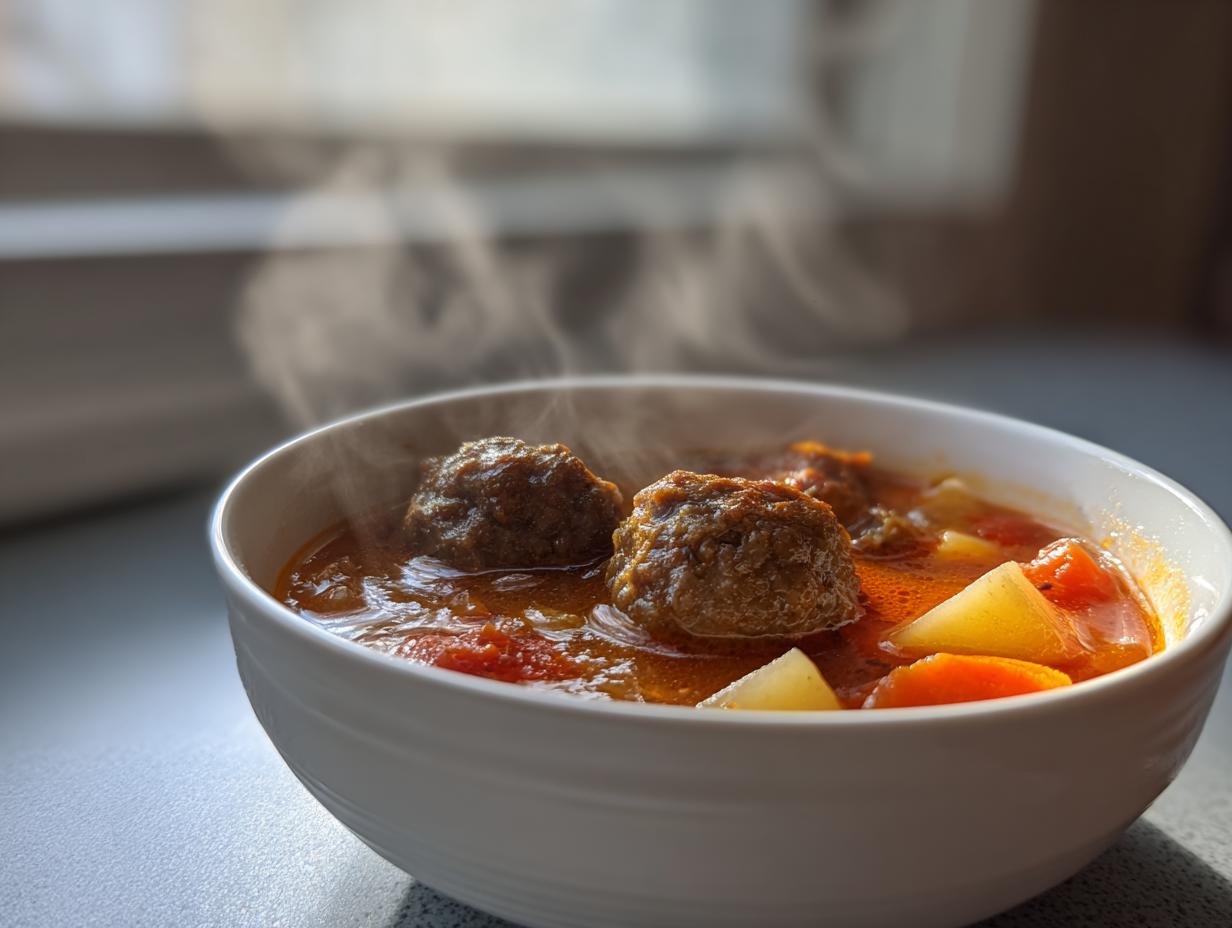 A close-up of a steaming white bowl filled with rich, orange broth, meatballs, potatoes, and carrots in amazing albondigas soup.