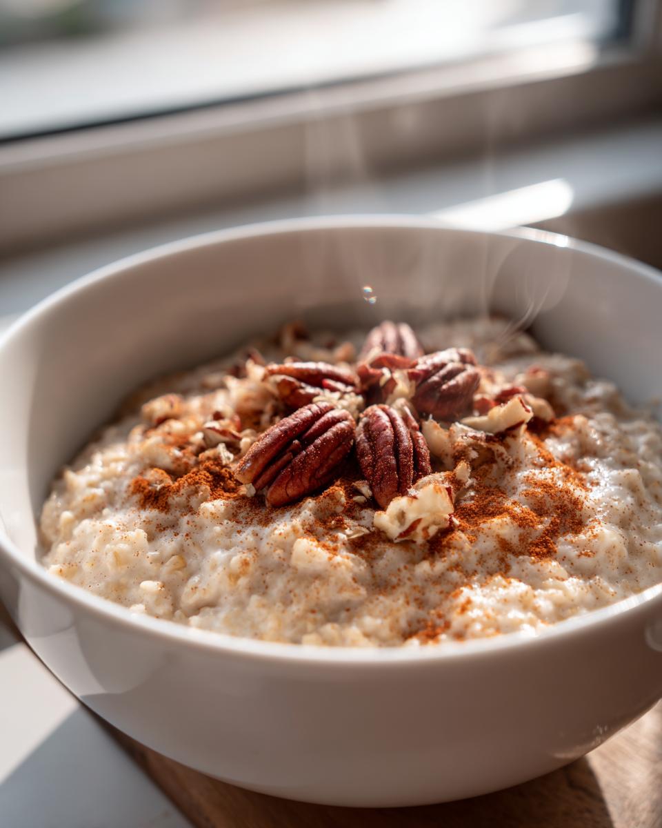 Close-up of hot apple cinnamon oatmeal topped with pecans and cinnamon powder, steaming gently.