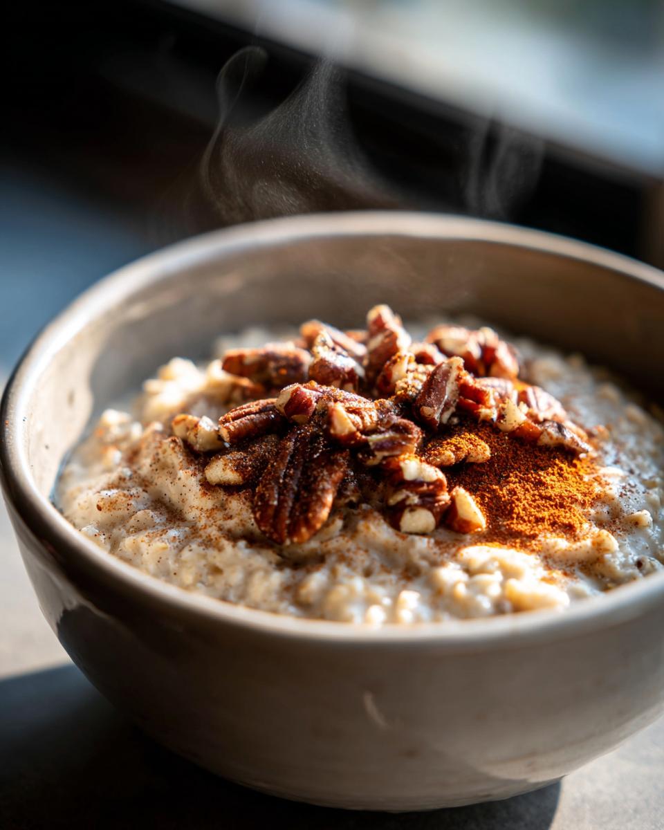 Close-up of a steaming bowl of apple cinnamon oatmeal topped with pecans and a sprinkle of cinnamon.