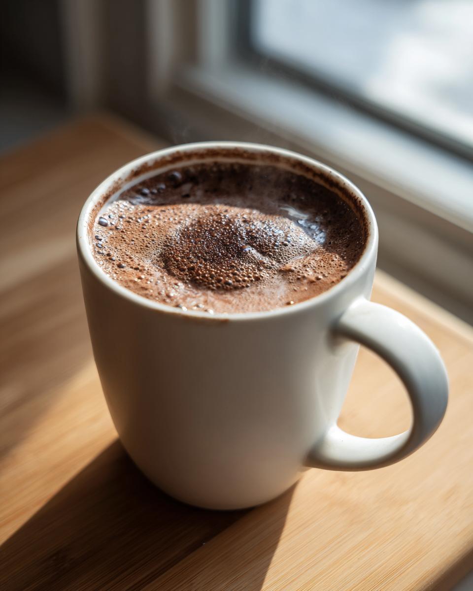 Close-up of a steaming white mug filled with rich, foamy hot cocoa mix sitting on a wooden surface near a window.