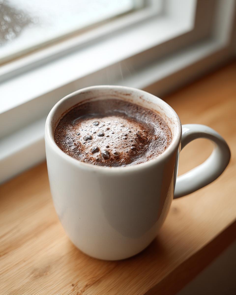 A close-up of a steaming white mug filled with rich, frothy hot cocoa mix sitting on a wooden windowsill.