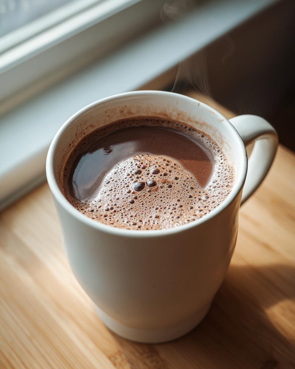 Close-up of a steaming white mug filled with rich, frothy hot cocoa mix sitting on a wooden surface near a window.