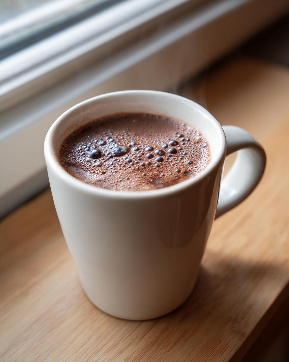 Close-up of a steaming white mug filled with rich, bubbly hot cocoa made from hot cocoa mix, sitting on a wooden surface.