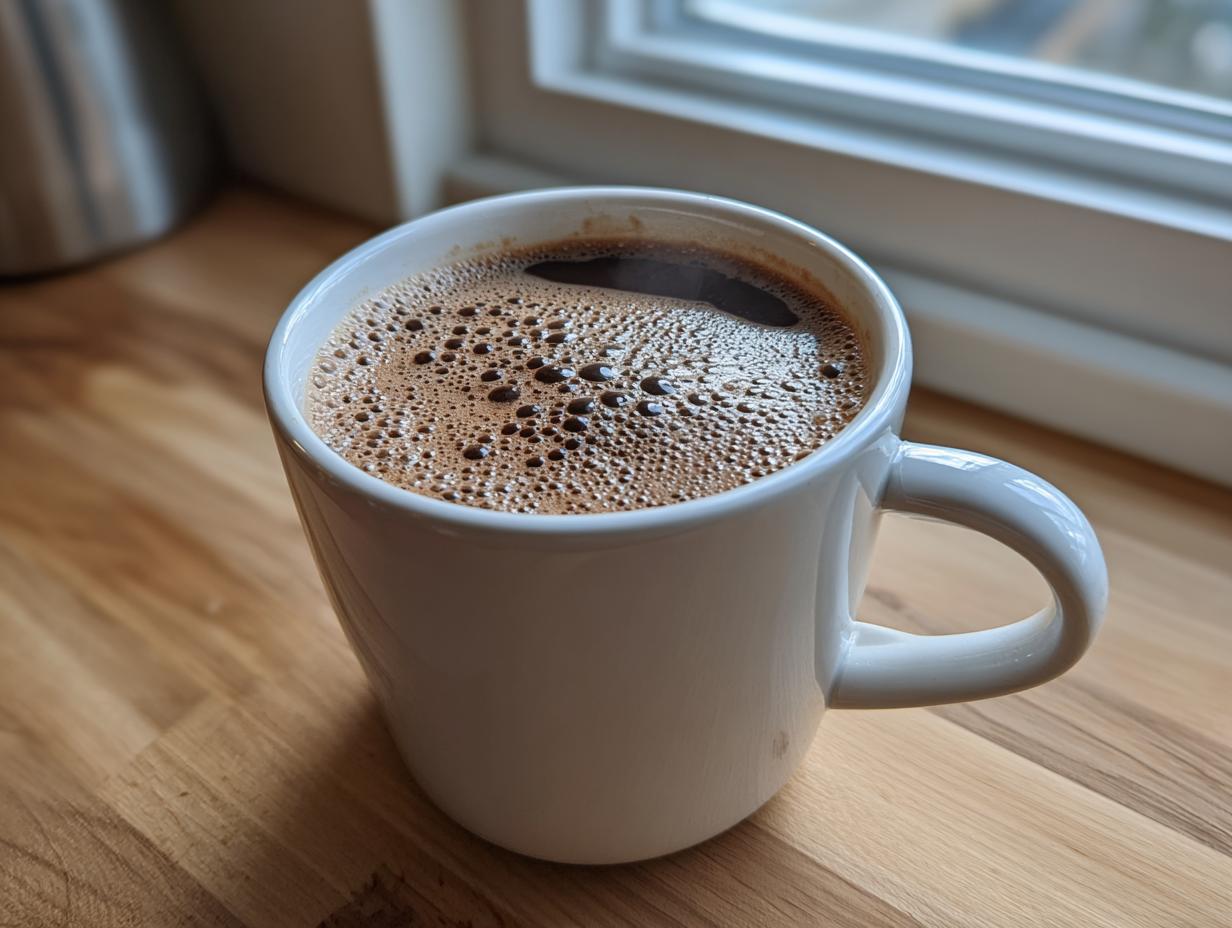 Close-up of a white mug filled with steaming, frothy hot cocoa mix sitting on a wooden countertop near a window.