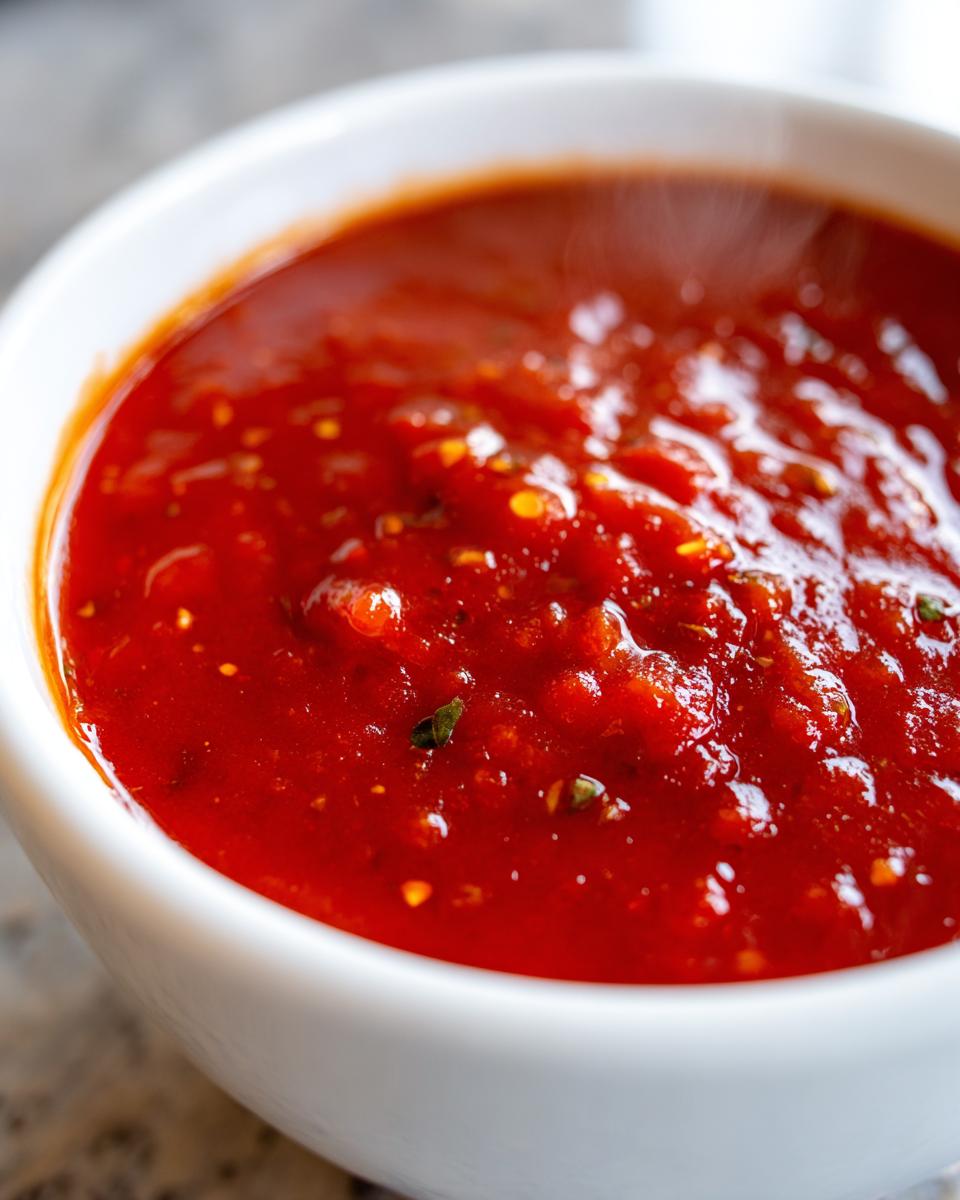 Close-up of a small white bowl filled with hot, rich, chunky tomato sauce, showing visible steam rising.